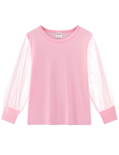 Noomelfish Girls Mesh Long Sleeve T-Shirts Kids Cute Sheer Dressy Tops Blouse, Pearl Pink, Size 7-8 Years