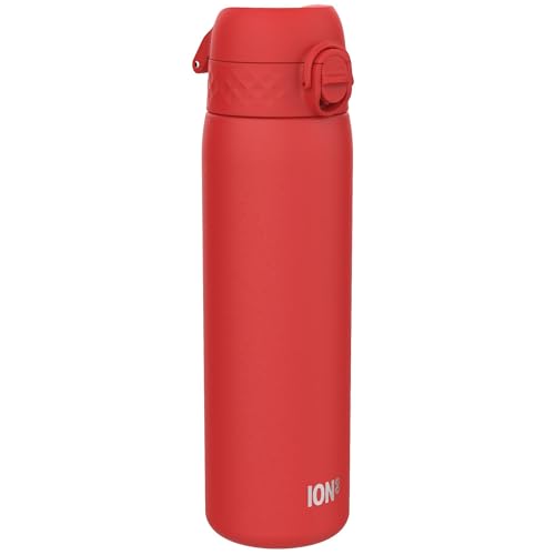 ION8 Steel Water Bottle, 600 ml/20 oz, Leak Proof, Easy to Open, Secure Lock, Dishwasher Safe, Hygienic Flip Cover, Fits Cup Holders, Carry Handle, Durable, Scratch Resistant, Carbon Neutral, Red