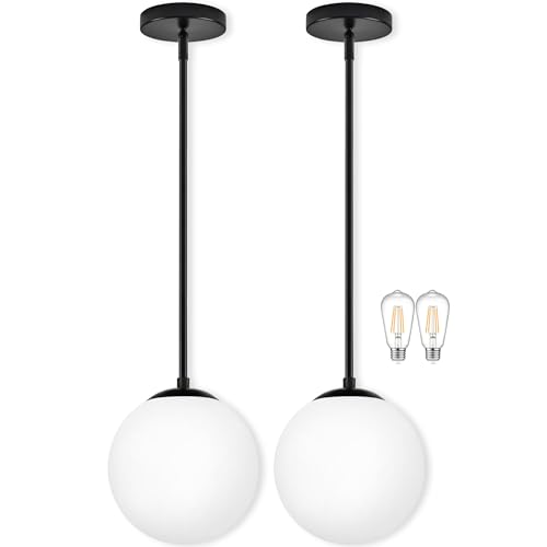 Bagood 10" Globe Pendant Light Black 2 Pack Mid Century Pendant Light Globe Pendant Lights Kitchen Island Matte Black Finished with Milk Glass Adjustable Ceiling Light Fixtures for Dining Room Bar