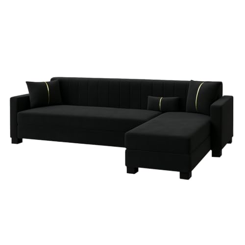 Image of SOCOZI Almeria 5 Seater RHS L Shape Sofa Set | Soft Velvet Suede Fabric | Modern Design | Plush Comfort Cushions for Living Room (Black)