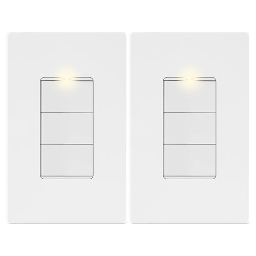 Image of LIDER Lighted Triple Switch with Screwless Wall Plate, Combination Frameless Decorator Switch with Locator Light, Ground Terminal Single Pole, 15A 120V, UL Listed, Thermoplastic, Matte White, 2-Pack