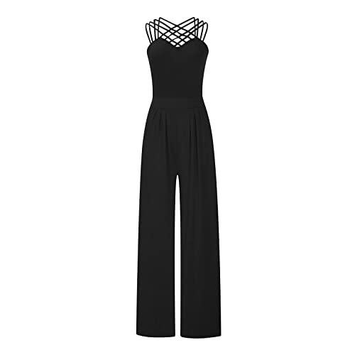 2023 Women Summer Crisscross Neck Sleeveless Pleated High Waist Dressy Casual Wide Leg Pant One Piece Jumpsuits Romper