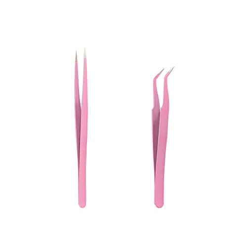 Bhbuy Professional Stainless Steel 2PCS Pink Straight + Bend Tweezer For Eyelash Extensions Nail Art Nippers