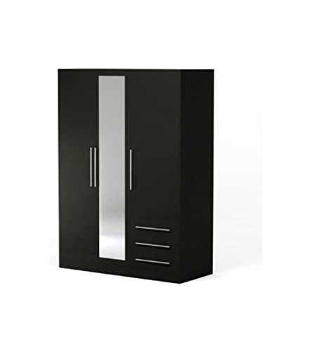 FORTE Jupiter Kleiderschrank 145 150, moderner Drehtürenschrank, 3-türig, 2 Schubladen, Schlafzimmer, Holzwerkstoff, Schwarz, 144,6 cm breit x 200 cm hoch x 60 cm tief