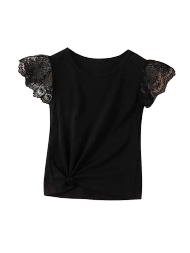 OYOANGLE Girl's Lace Ruffle Cap Sleeve T Shirts Round Neck Cute Summer Casual Tee Shirt