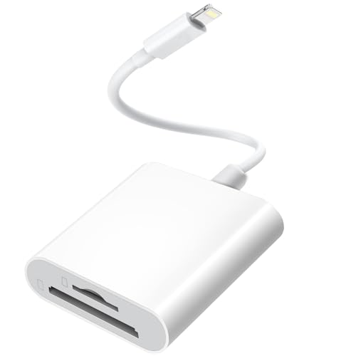 Lightning to SD Card Reader for iPhone/iPad - Camera and Memory Card Adapter Compatible with iPhone14/13/12/11/XS/XR/X/8/7/iPad, Plug and Play (White-Dual Port)