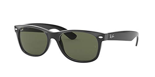 Ray-Ban RB2132F New Wayfarer Low Bridge Fit Square Sunglasses, Black/G-15 Green, 55 mm