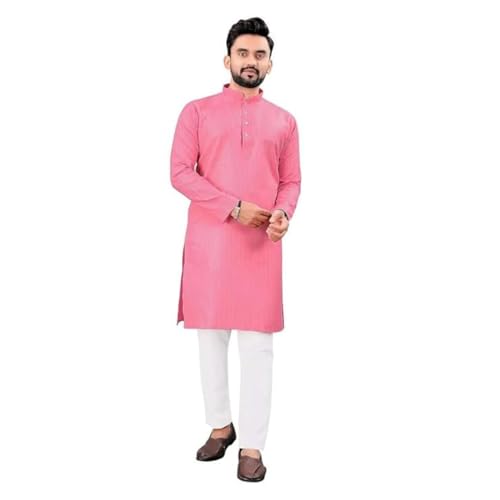 Image of FASHION GALLERY Men's Solid Pattern Polycotton Kurta with Long Sleeve Round Neck Knee Length and Pull On Closure Type|Men Kurta Pajama Set
