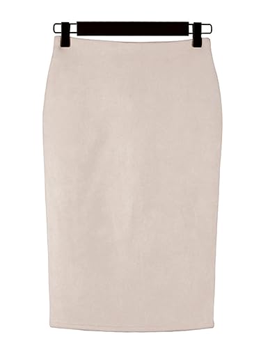 CHOUBAGUAI Falda de Tubo a Media Pierna de Gamuza Multicolor Sexy para Mujer 2023 Faldas Ajustadas de Oficina de Cintura Alta elásticas a la Moda -Beige-XL