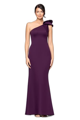 Image of Betsy & Adam Women's Long Halter Scuba Crepe Tiered Ruffle Slit Gown