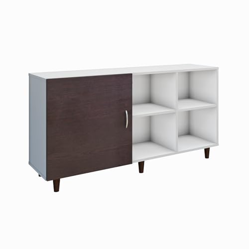 Image of VIKI Modern TV Unit for Living Room | Engineered Wood TV Cabinet with 1 Door Storage & 2 Open Shelves, Entertainment Unit, 140W x 74H x 40D cm | DIY | 1 Year Warranty (White & Wenge)