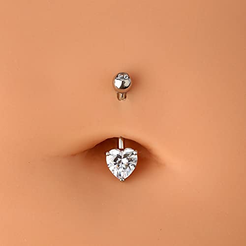OUFER Belly Navel Rings 14K Solid White Gold Belly Button Rings heart Solitaire Cubic Zirconia Belly Button Rings Navel Rings Body Piercing Jewelry