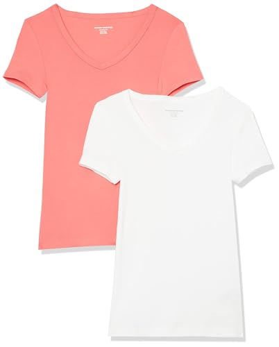 Amazon Essentials Women's 2-Pack Slim-Fit Short-Sleeve V-Neck T-Shirt Shirt, -White/Dark Pink, Large