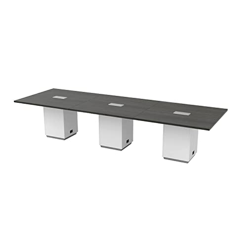 28 FT Modern Two Tone Gray and White Rectangle Shaped Conference Table Square Legs Grommets Racetrack Meeting Boardroom Desk High End Office Furniture Wood 336''L x 48''W x 30''H