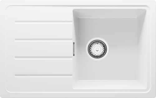 PRIMAGRAN Evier Cuisine en Granit Blanc 70x44cm, Lavabo 1 bac + Kit de Vidage, Évier à Encastrer al mueble 45cm - Copenhague Easy