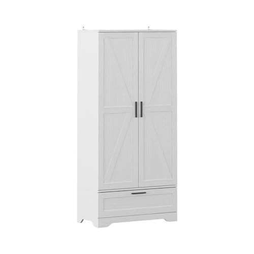 Tall Kitchen Pantry Cabinet with Adjustable Shelves & Large Drawer - Freestanding Wooden Storage Cupboard for Food, Dishes & Dining Room or Utility Room Organization (White)