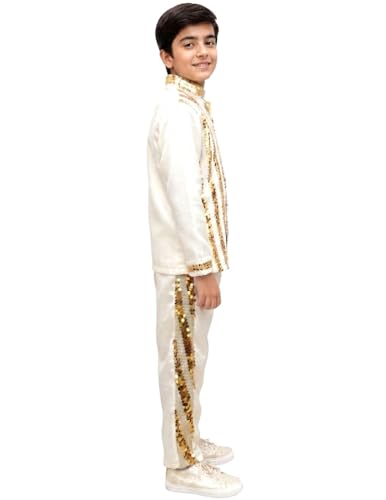 Image of BookMyCostume White & Golden Sequin Western Dance Costume for Boys | Stylish Shiny Full Sleeve Shirt and Pant Set with Zipper Closure | Annual Dance Costume for boys | Fancy Dress for Boys 10-12 Years