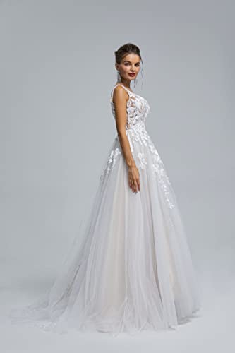 Image of Spaghetti Chiffon Beach Wedding Dress V Neck A line Bridal Gowns Lace Plus Size Wedding Dress