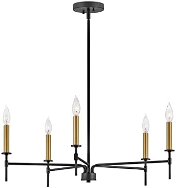 Lark Hux 83075BK Medium Single Tier Five-Light Chandelier, Dimmable, 60w, Slender, Elongating Candle-Style Lights, Customizable Height, Black and Lacquered Brass Finish