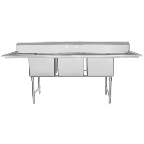 Image of Empura 94 inch Wide Stainless Steel Three Compartment Commercial Sink | Utility 18 inch x 18 inch Bowl for Restaurant Laundry Garage | (2) 18 inch Drainboard, 9.75 inch Backsplash, 94 inchW x 23.5 inchD x 44.25 inchH, 16 Gauge, NSF