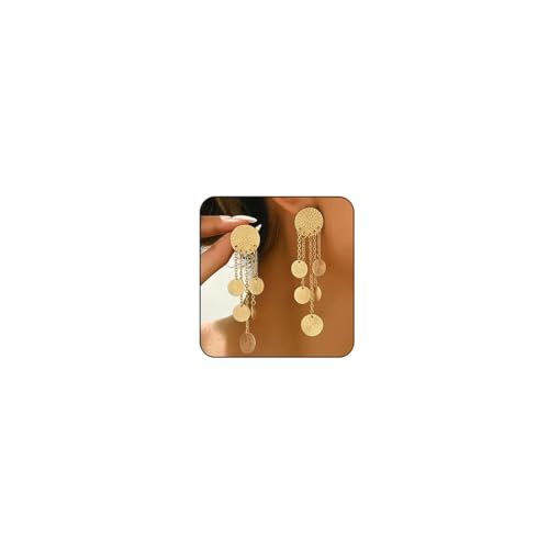 Gold Round Dangle Drop Earrings Lightweight Disc Hammered Tassel Earrings Boho Vintage Statement Earrings Fashion Jewelry Accessories for Women (Gold)