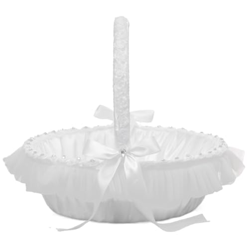 Pineeseatile Panier de Fleurs pour Les Mariages, Panier de Fleurs de Mariage avec Bowknot en Dentelle et Strass, 13,8x11,8 Panier de Mariage Blanc avec poignée, Panier...