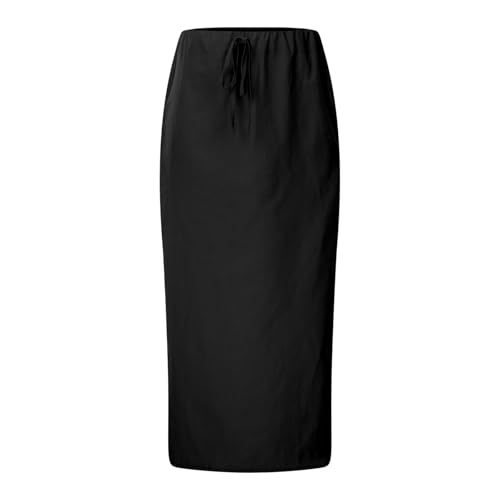 Midi Skirt with Slit for Women Mid Length Drawstring High Waist Boha Casual Flowy Flared Slit Skirts with Pockets4
