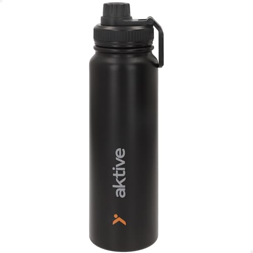 AKTIVE Botella Térmica de Acero Inoxidable, 800 ml, Negro, Sistema Antigoteo, Asa de Transporte, Libre de BPA, 8.5x8x28 cm