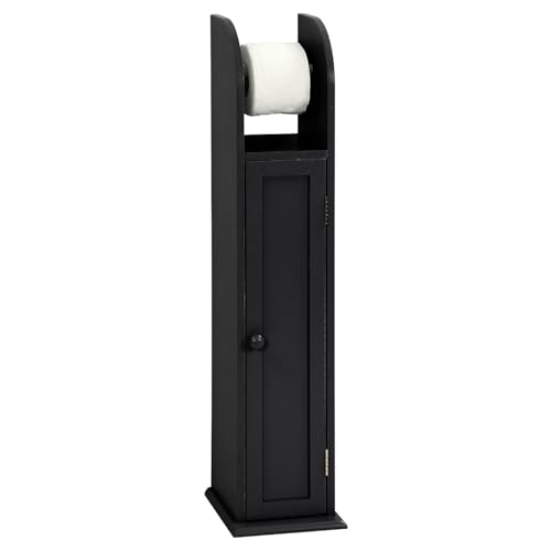 Taylor & Brown Free Standing Tall Wooden Toilet Paper Roll Holder Bathroom Cabinet Tissue Storage Cupboard Stand with Shelf Black W18cm x D20cm x H79cm
