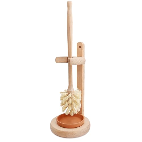 CRAKTH Wood Toilet Brush and Holder Set, Beechwood Toilet Bowl Cleaner Brush for Bathroom, Sisal Bristles Toilet Scrubber with Stand