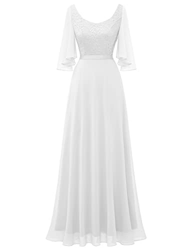 DRESSTELLS Vestidos de noche elegantes para boda, vestidos de dama de honor, de gasa, largos, formales, largos, largos, tallas grandes, con espalda en V, Blanco, M