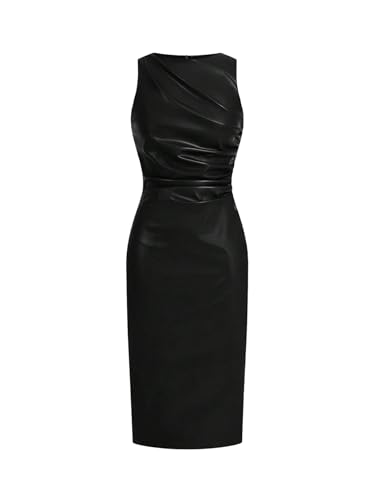 WDIRARA Women's PU Leather Ruched Sleeveless Slit Bodycon Midi Tank Dress Black Large