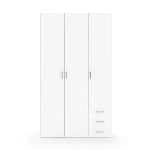 KHG Kleiderschrank weiß 3-türig Drehtürenschrank mit 1 Kleiderstange 4 Einlegeböden 3 Schubaden Bügelgriffe zeitlos