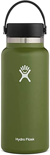 HYDRO FLASK Water Bottle 946 ml 32 oz Vacuum Insulated Stainless Steel Water Bottle Flask with Leak Proof Flex Cap with Strap BPA Free Wide Mouth Olive