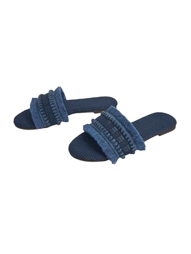 Image of OYOANGLE Women's Fringe Straw Sandals Crochet Open Toe Single Band Flat Slip On Sandals
