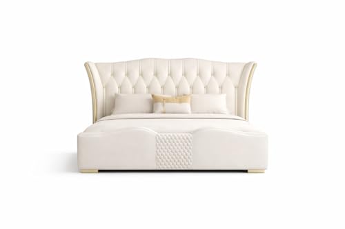Image of Woodesty Upholstered Queen Size Bed with Box Storage for Bedroom | Elegant Wooden Double Bed with MDF Ply with Storage | Platform Cot Palang with Tufted Headboard | 6.5 x 5 Ft | Sheesham Wood | White
