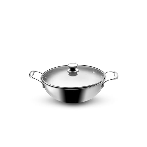 Image of VAYA Hautechef Triply Stainless Steel Kadai with Glass Lid, 20cm, 1.5L, Induction & Gastop Compatible, Heavy-Bottom Kadhai for Deep Frying & Cooking, 100% Pure & Toxin-Free