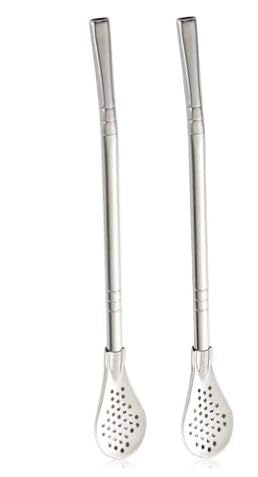 2Pcs Removable Stainless Steel Straw Filter Spoon, Yerba Mate Bombilla Straw, Reusable Metal Straw Spoon Cocktail Stirrer for Drinking Loose Tea, Ice Coffee, Silver