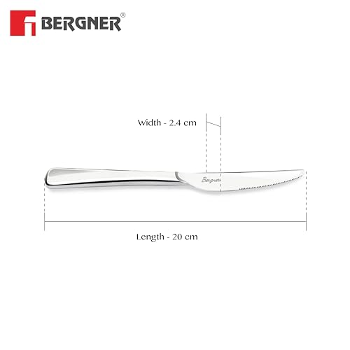 Image of BERGNER BE Essentials Lucia Stainless Steel Dinner Knife Set of 2, 20cm Long Butter Spreader, Modern Ergonomically Designed Premium Dinner Knife, Dinning Table 2 Pcs Knives, 4.5mm Thickness - Silver