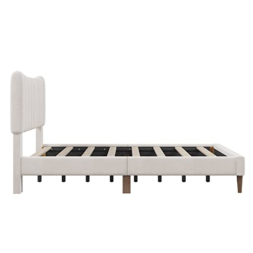 Anwick Full Size Linen Upholstered Platform Bed Frame With Vertical Channel Tufted Headboard, Mattress Foundation With Wooden Slat Support, Noise Free (Cream, Full) #TOP5