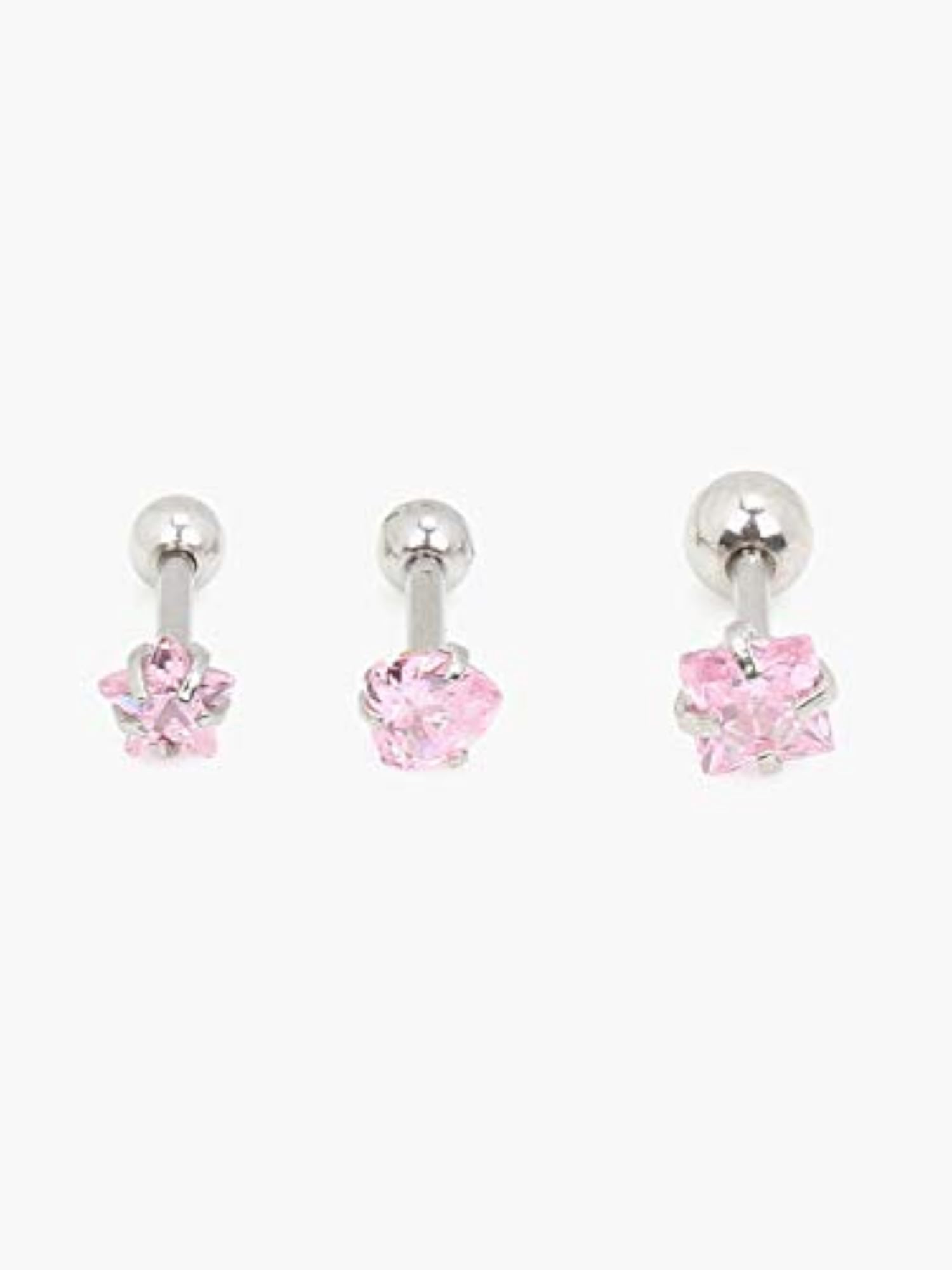 3 Pcs Silver CZ Stainless Steel Crystal Stud Earrings