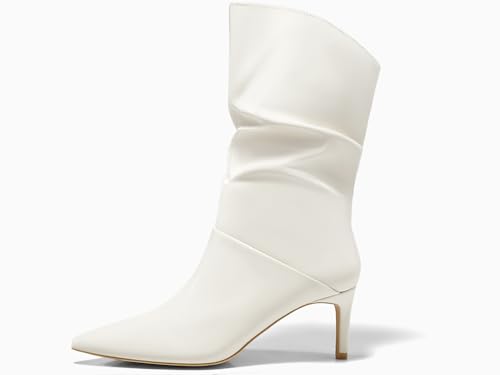 Coutgo Womens Slouchy Mid Calf Boots Stiletto High Heel Leather Booties Pointed Toe Pull on Fall Winter Shoes4