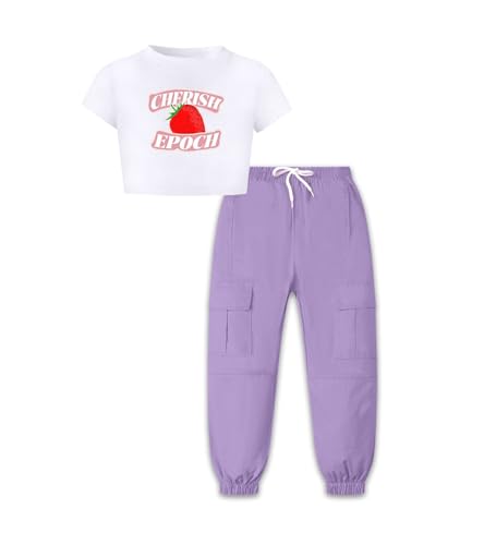 Image of Betusline 2 Piece Clothes Set for Girls, Short Sleeve Crop Tops and Purple Cargo Jogger Pants Outfits, 6-7 Years = Tag 130