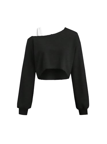 Remidoo Womens Off The Shoulder Cropped Sweatshirt Asymmetric Collar Patchwork Long Sleeve Pullover Top Black X-Small
