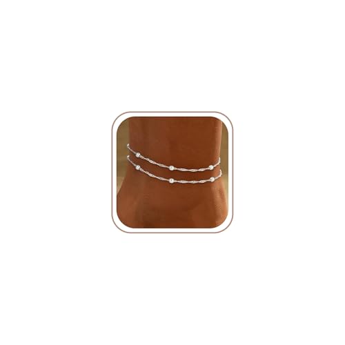 Fußkettchen für Damen Silber 925/Gold Fussketten für Frauen Wasserfest Doppelte Herz Perlen Plättchen Twist Infinity Fußkette Boho Verstellbare Layered Sommer Strand Fußschmuck für Teenager Mädchen