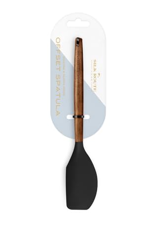 Silk Route Home Acacia Wood & Black Silicone Offset Spatula Kitchen Utensil, Wood/Black, 32.1cm x 6.4cm x 1.5cm
