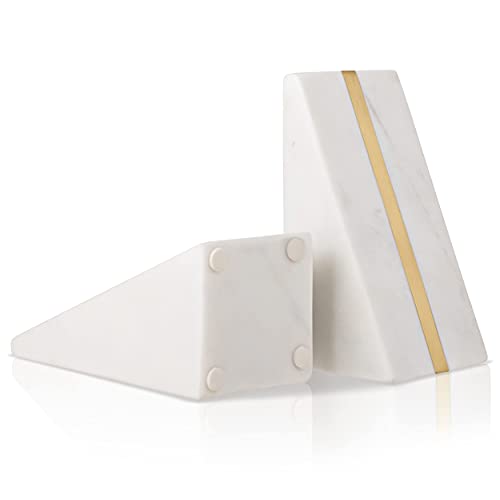 Warm Toast Designs - Marble Bookends White - 100% Polished Marble With Brass Inlay - Book Stoppers - Stylish Set Of 2 #TOP5