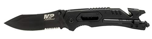 Smith & Wesson M&P 8.5in High Carbon S.S. Spring Assisted Folding Knife with 3.5in Serrated Drop Point Blade and Rubber Handle for Outdoor Survival and EDC