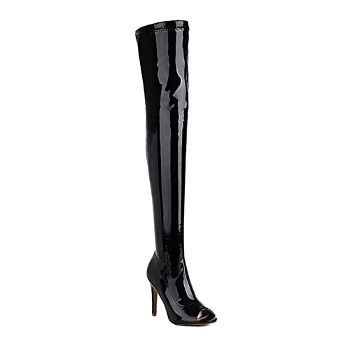 Bottes au-dessus du genou en cuir verni noir à bout ouvert pour femmes taille 42
