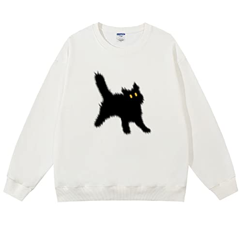 Pullover Sweatshirt Damen Baumwolle Langarm Rundhals Lose Blusen Tops Kawaii Katze Muster Pulli Streetwear Y2k Style